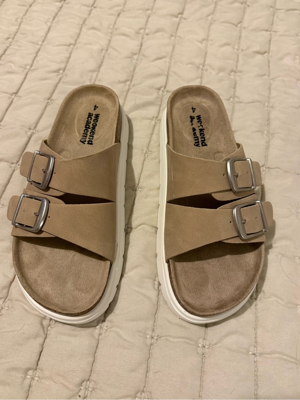 Weekend Academy Tan Double-Buckle Slide Sandals